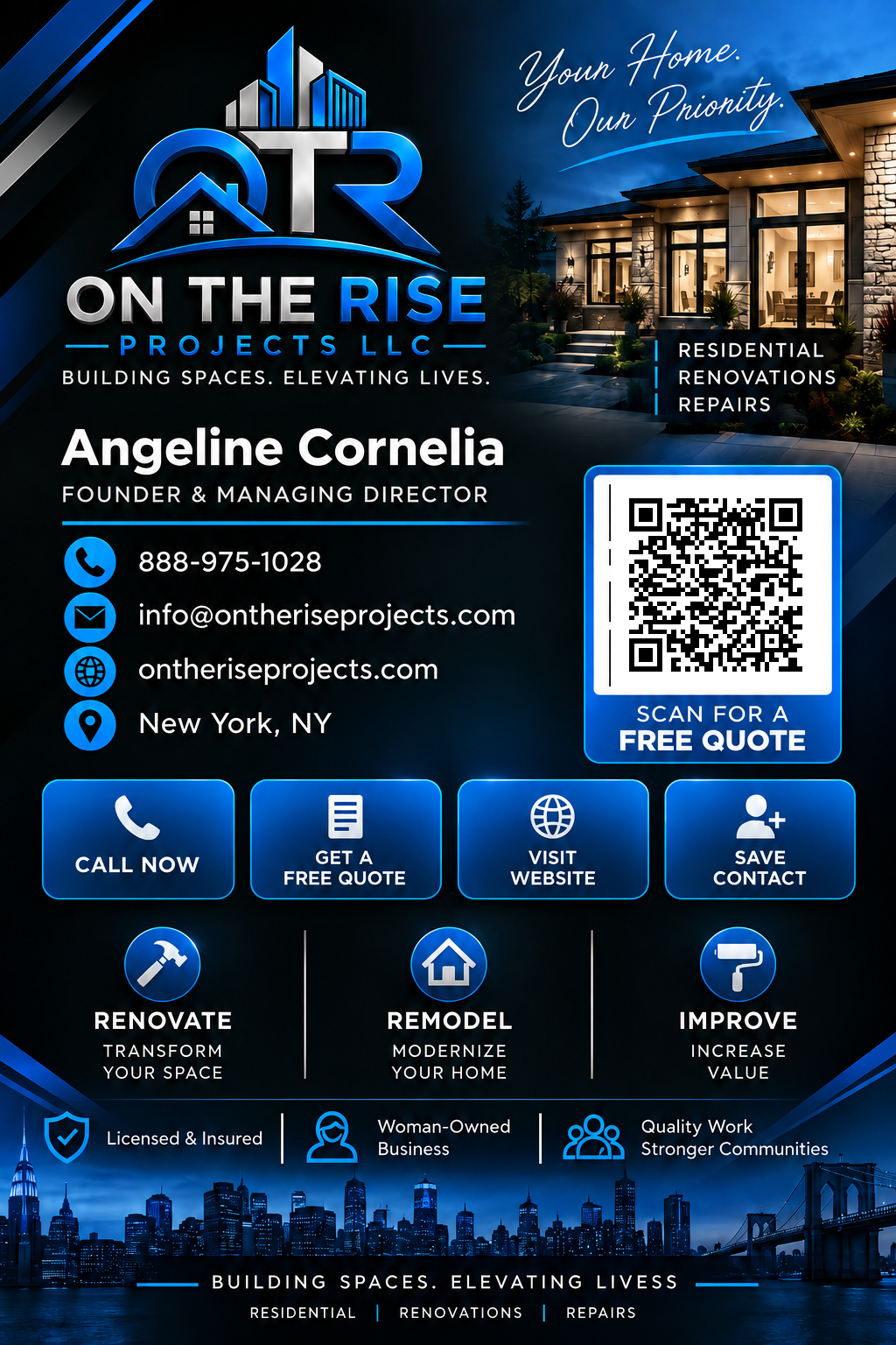 On The Rise Projects LLC digital business card for Angeline Cornelia, Founder and Managing Director. Residential renovations, repairs, renovate, remodel and improve. Licensed and insured, woman-owned business.