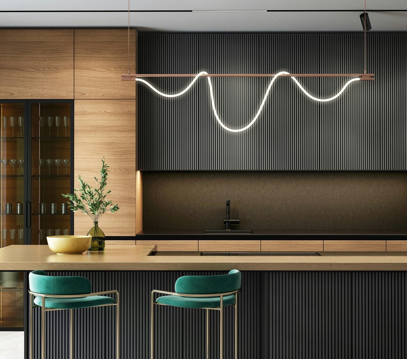 Modern dark kitchen with wood and statement lighting